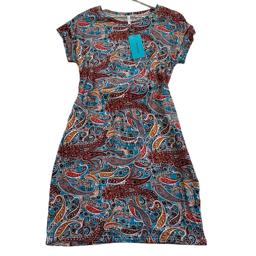 NWT Popyoung Paisley Print Boho Belted Stretch Dress Women’s Size Medium